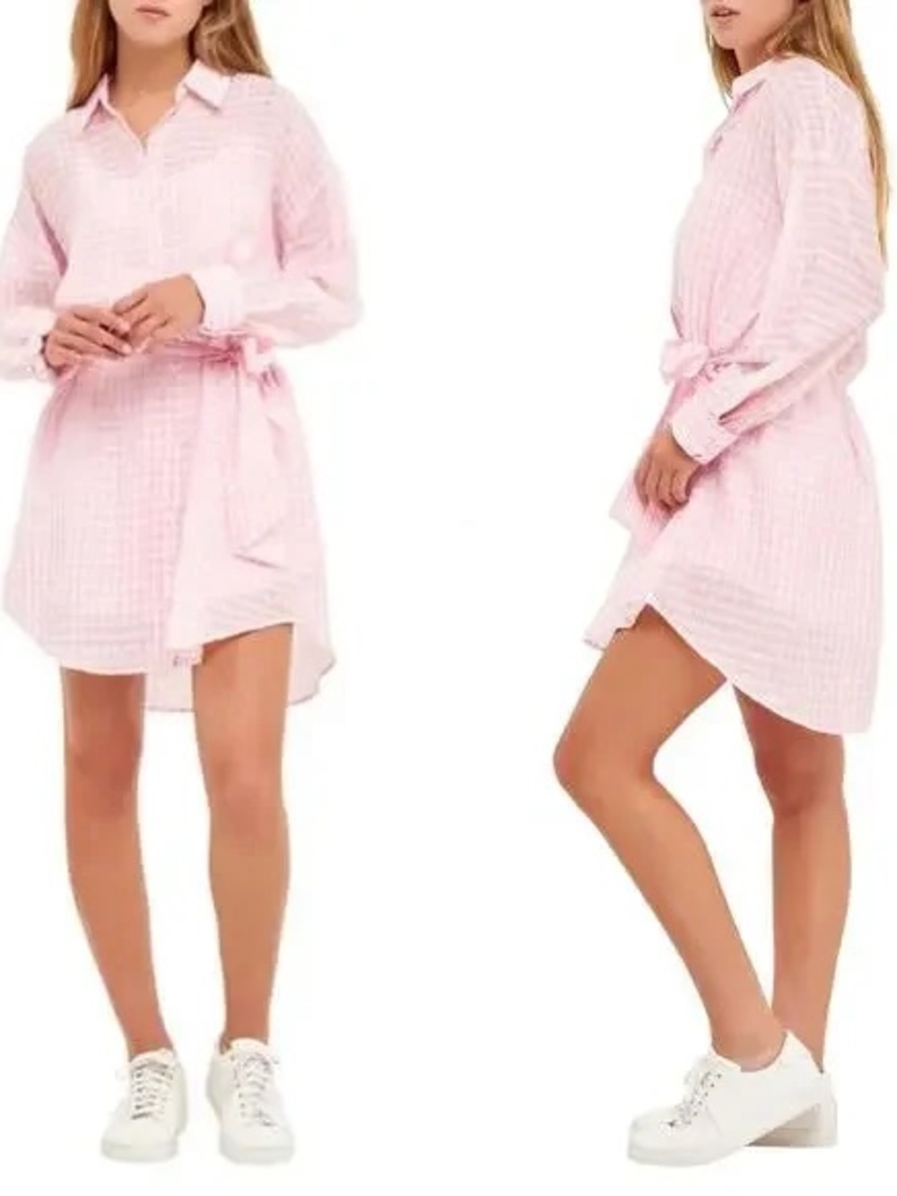 English Factory Pink Gingham Tunic Shirt Dress Preppy Classic Tie Waist Mini S